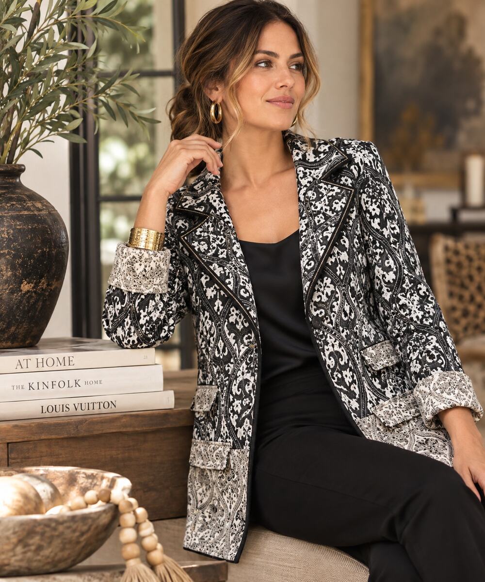 Chico’s NWT Tapestry Brocade Jacket Size 2 12 14 Black Ivory Jacquard Artwear